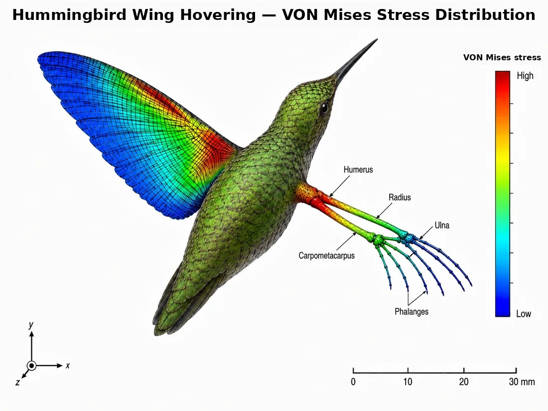VON Mises stress visualization of a hummingbird wing showing finite element stress contours and exposed right-hand wing bones.