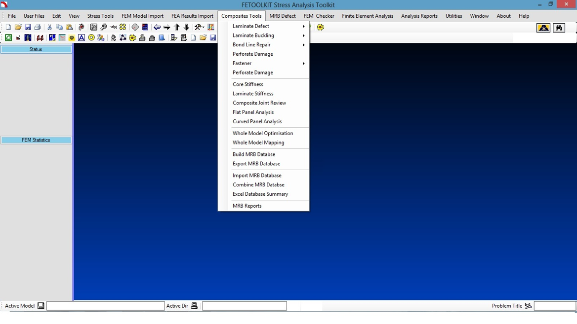 FeToolKit screen showing the Bond Line Repair submenu under Composites Tools, with scarf repair, partial scarf repair, doubler, borat, mesh stiffness, and joint stiffness options.