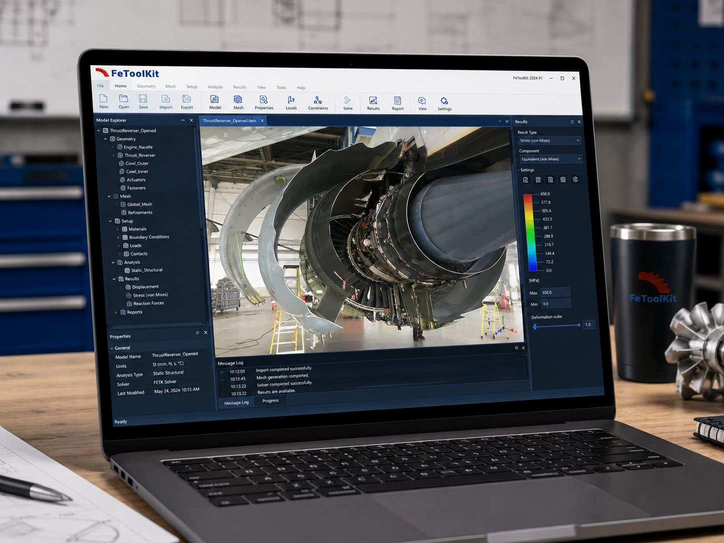 FeToolKit Stress Analysis Toolkit screen with the Composites Tools menu open, showing laminate defect, buckling, bond line repair, perforate damage, fastener, panel analysis, and MRB options.