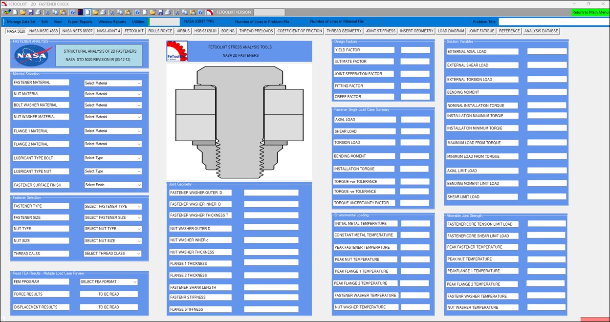 FeToolKit 2D Fastener Check page showing a NASA-based fastener analysis form with material selection, geometry, design factors, loading variables, and allowable joint strength sections.