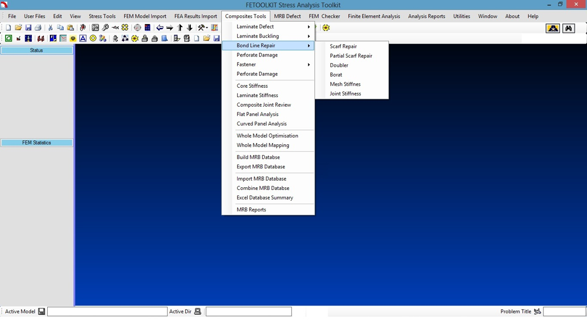 FeToolKit menu showing Stress Analysis Tools with options such as section analysis, fasteners analysis, buckling analysis, contact, loading, fatigue, damage tolerance, lugs, tension fittings and clips, and other user tools.