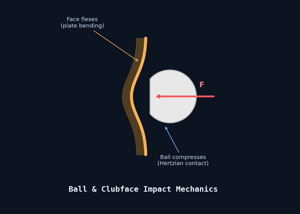 Diagram showing a golf ball compressing against a flexing clubface under contact force, illustrating Hertzian contact mechanics and plate-bending theory.