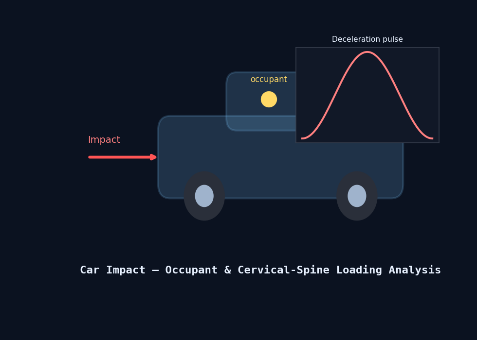 Car impact diagram showing a vehicle side profile, occupant location, impact direction, and a deceleration pulse curve.